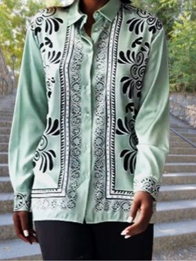 Zara ZW Collection Mint Green Satin-Effect Button-Down Blouse with Floral Design